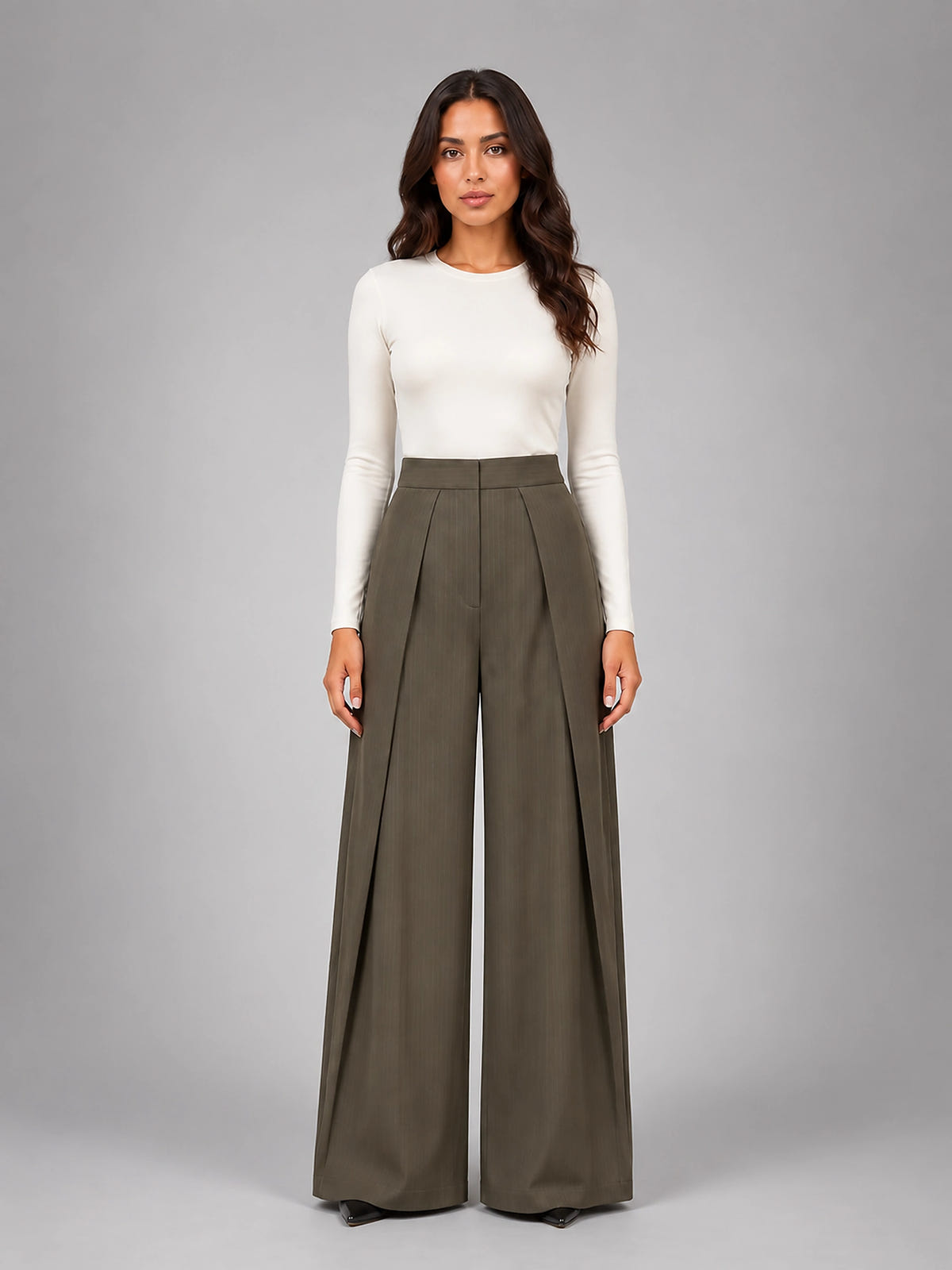 Women's Pinstripe Wide Leg Pants – Tailored Relaxed Fit - Taupe