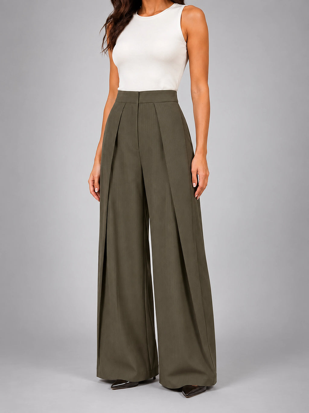 Women's Pinstripe Wide Leg Pants – Tailored Relaxed Fit - Taupe