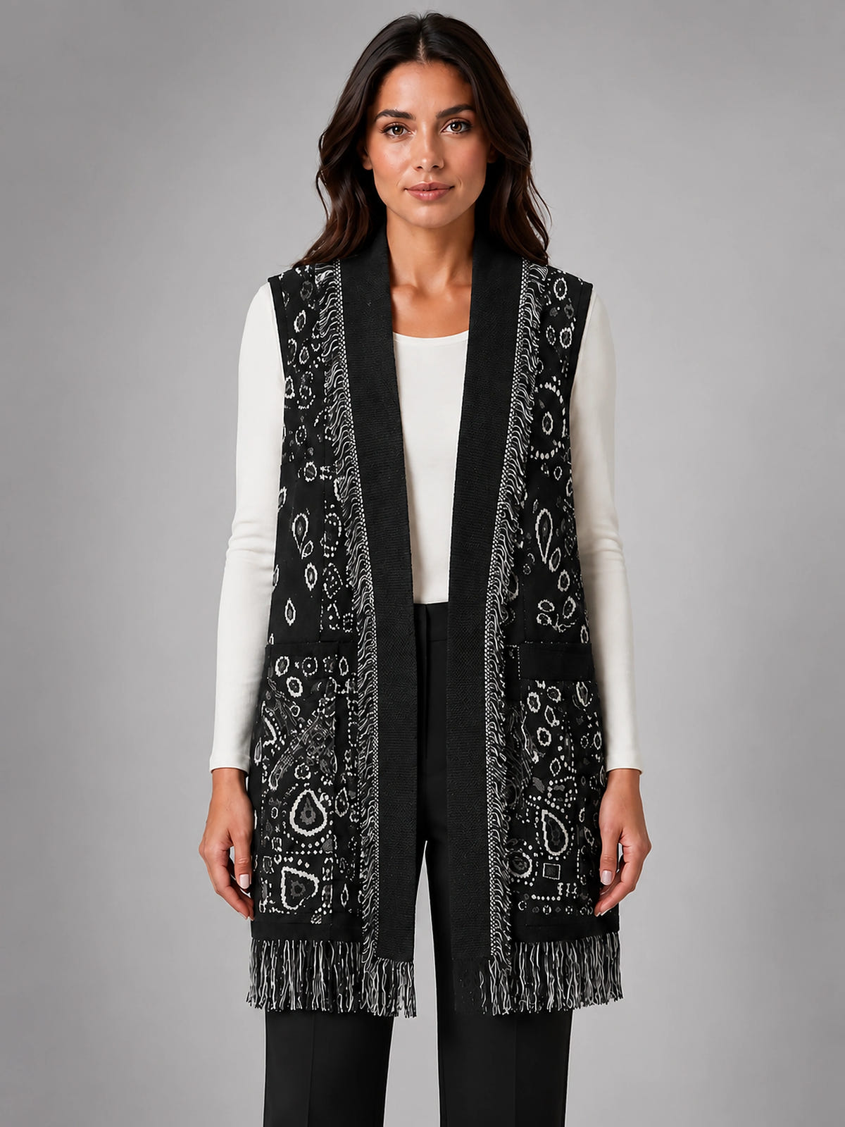 Women's Paisley Longline Vest – Layering Statement Piece - Black