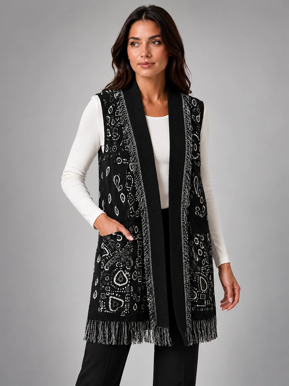 Women's Paisley Longline Vest – Layering Statement Piece - Black