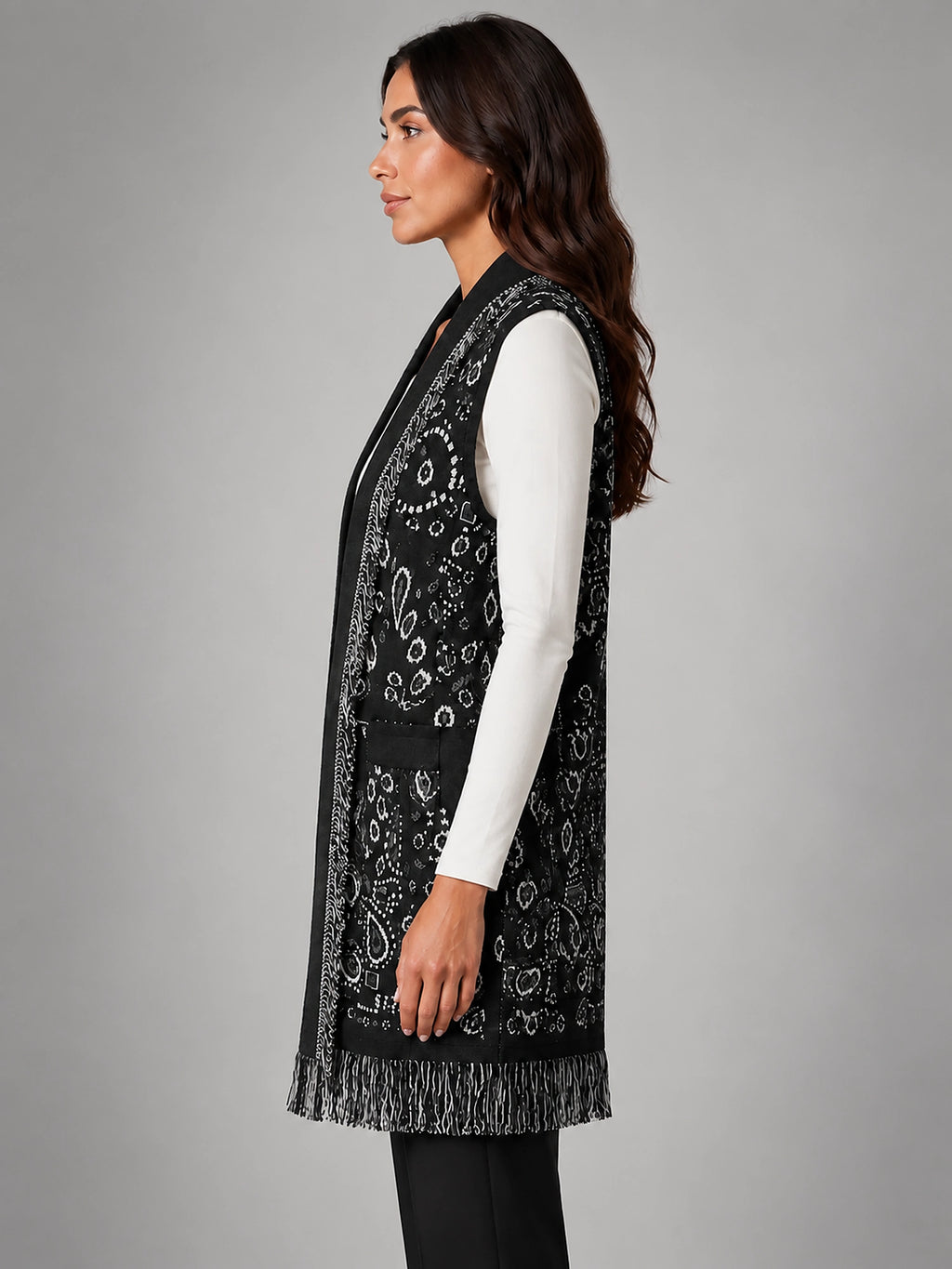 Women's Paisley Longline Vest – Layering Statement Piece - Black