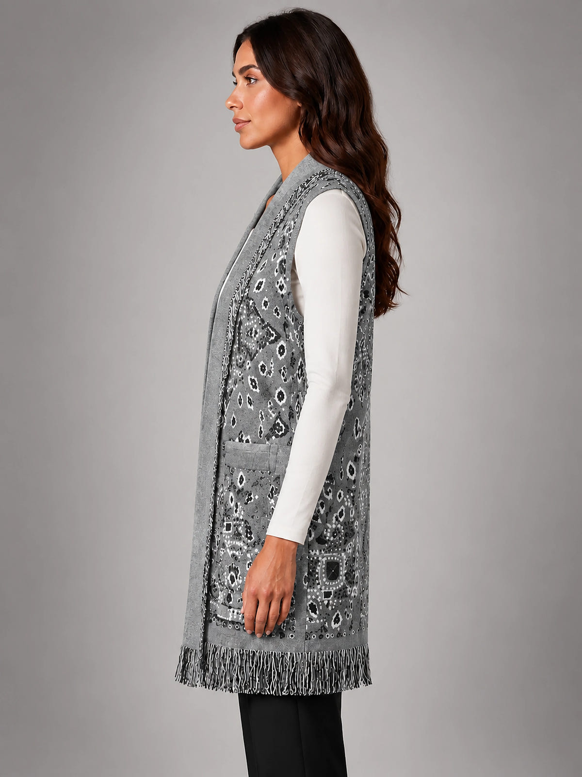 Women's Paisley Longline Vest – Layering Statement Piece - Gray