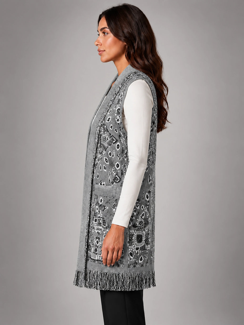 Women's Paisley Longline Vest – Layering Statement Piece - Gray