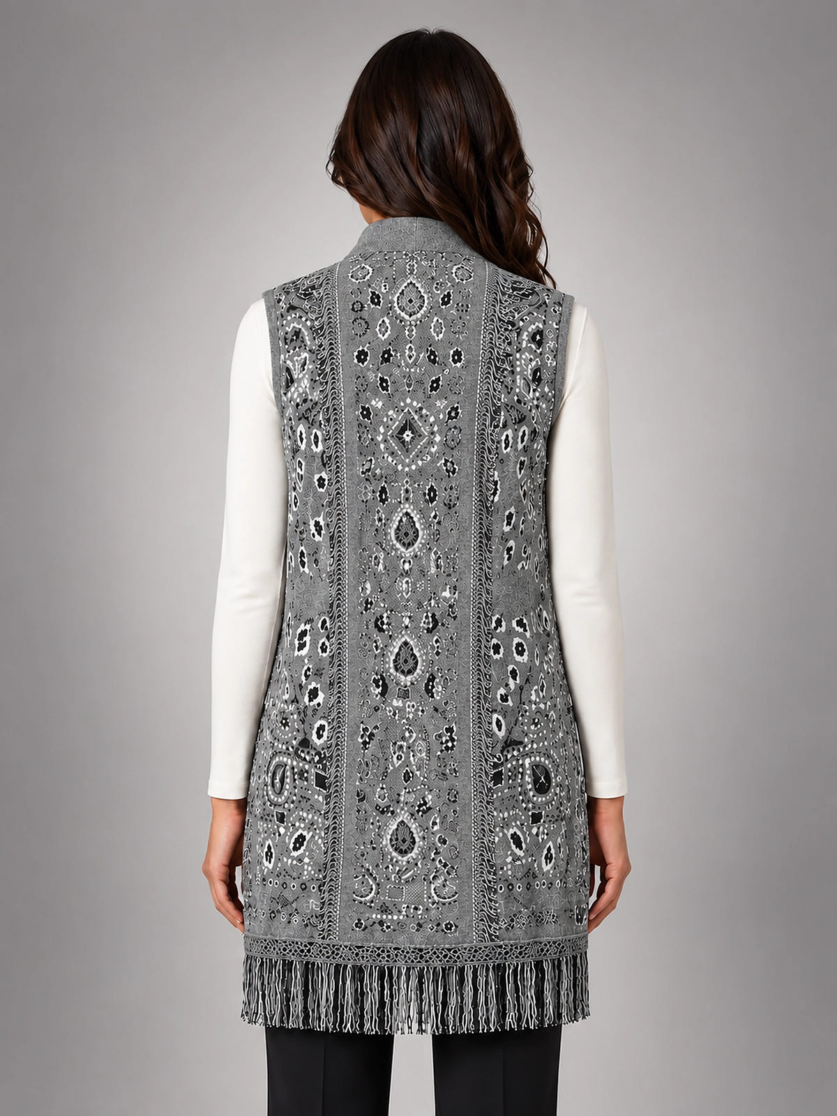 Women's Paisley Longline Vest – Layering Statement Piece - Gray