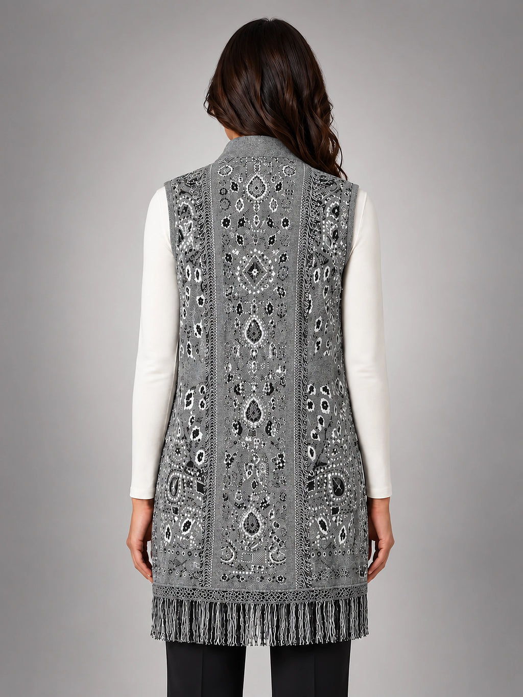 Women's Paisley Longline Vest – Layering Statement Piece - Gray