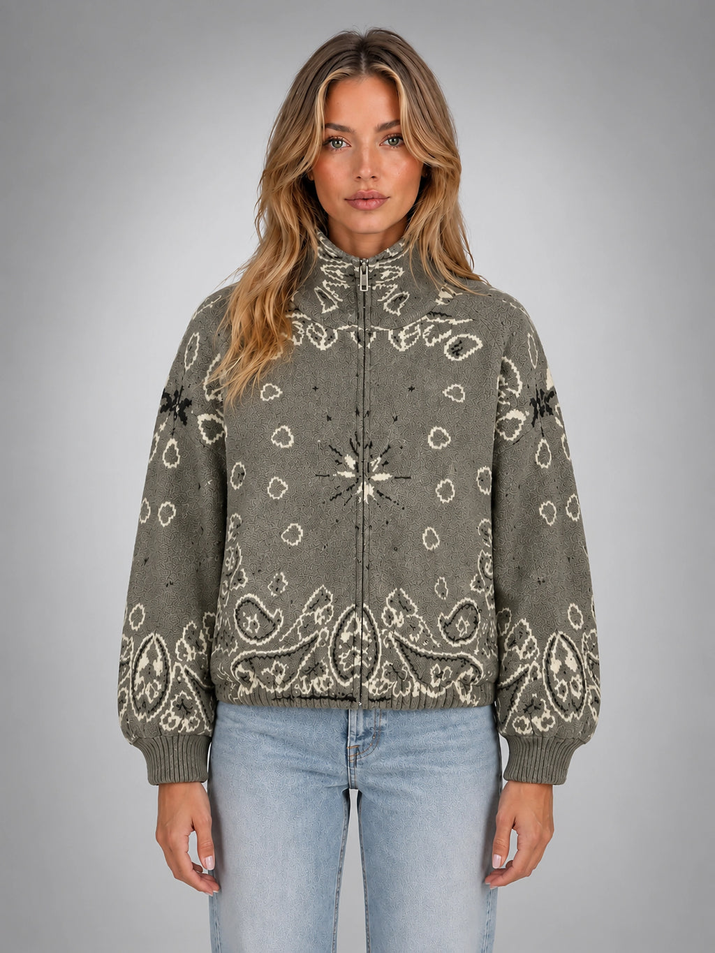 Women's Paisley Funnel Neck Sweater – Relaxed Statement Knit - Taupe