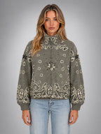 Women's Paisley Funnel Neck Sweater – Relaxed Statement Knit - Taupe