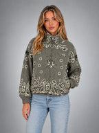 Women's Paisley Funnel Neck Sweater – Relaxed Statement Knit - Taupe