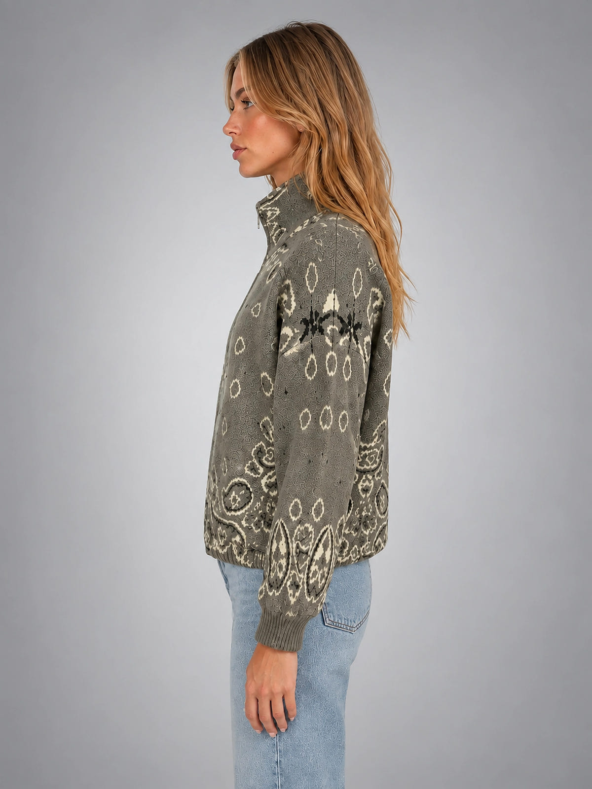 Women's Paisley Funnel Neck Sweater – Relaxed Statement Knit - Taupe