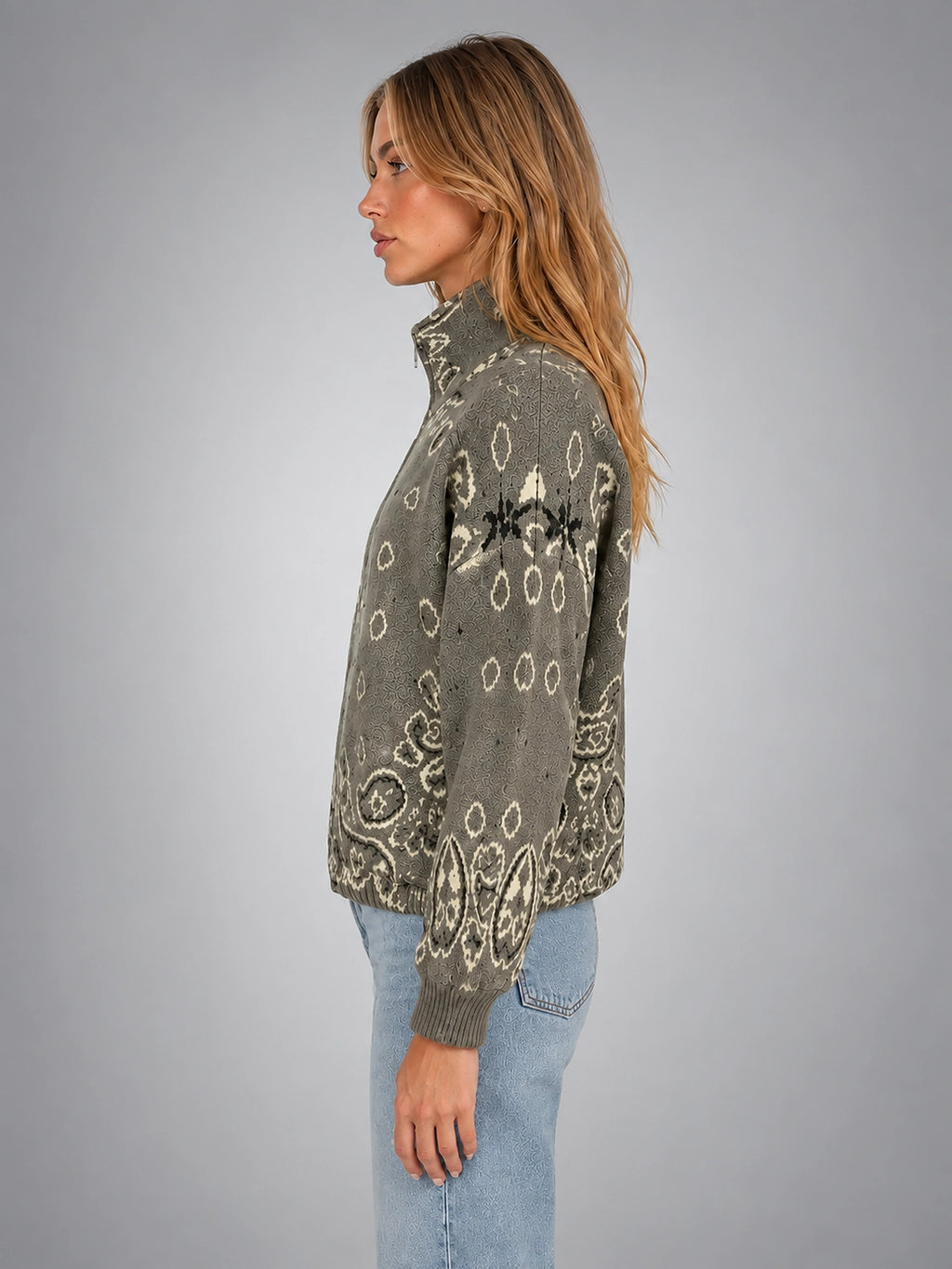 Women's Paisley Funnel Neck Sweater – Relaxed Statement Knit - Taupe