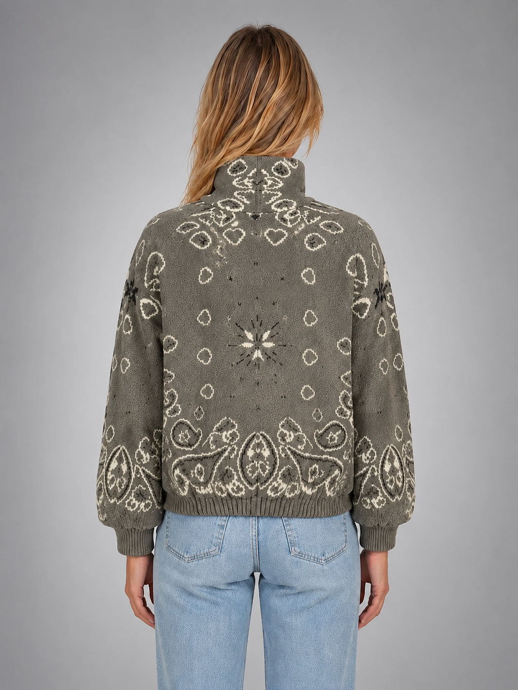 Women's Paisley Funnel Neck Sweater – Relaxed Statement Knit - Taupe