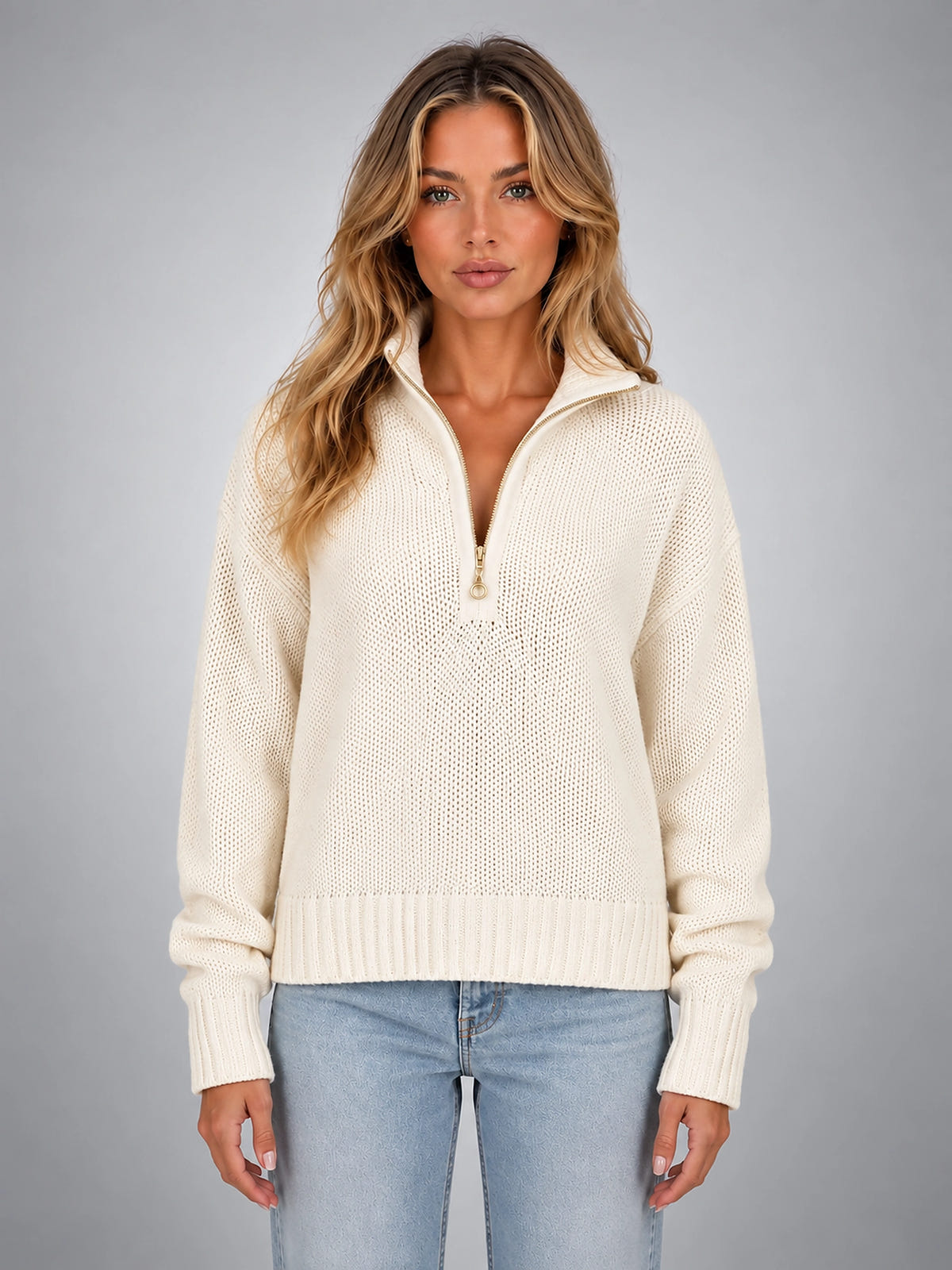 Women's Oversized Half Zip Sweater – Relaxed Casual Knit - Ivory