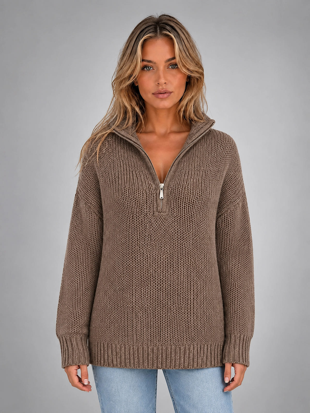 Women's Oversized Half Zip Sweater – Relaxed Casual Knit - Taupe
