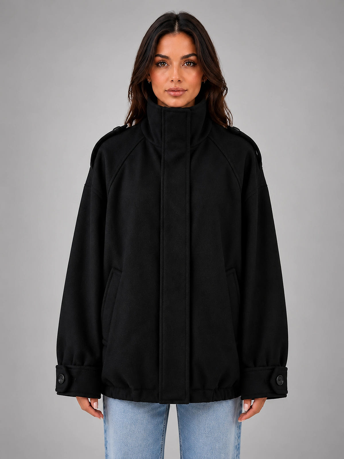 Women's Oversized Funnel Neck Jacket – Wool Look Relaxed Fit - Black