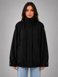 Women's Oversized Funnel Neck Jacket – Wool Look Relaxed Fit - Black