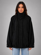 Women's Oversized Funnel Neck Jacket – Wool Look Relaxed Fit - Black