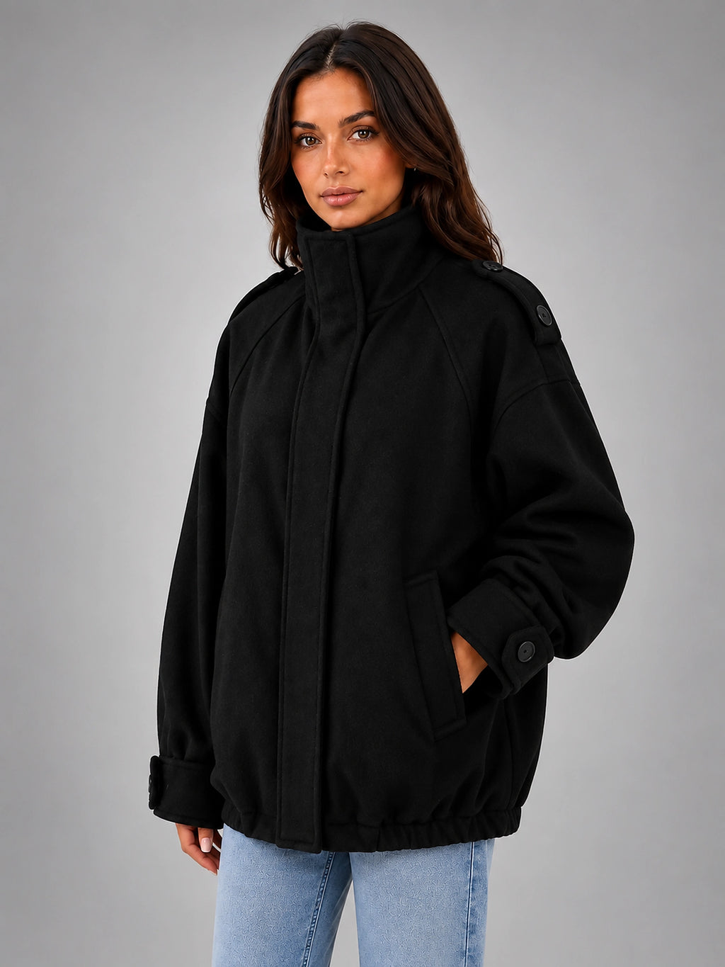 Women's Oversized Funnel Neck Jacket – Wool Look Relaxed Fit - Black