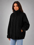 Women's Oversized Funnel Neck Jacket – Wool Look Relaxed Fit - Black