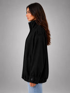 Women's Oversized Funnel Neck Jacket – Wool Look Relaxed Fit - Black