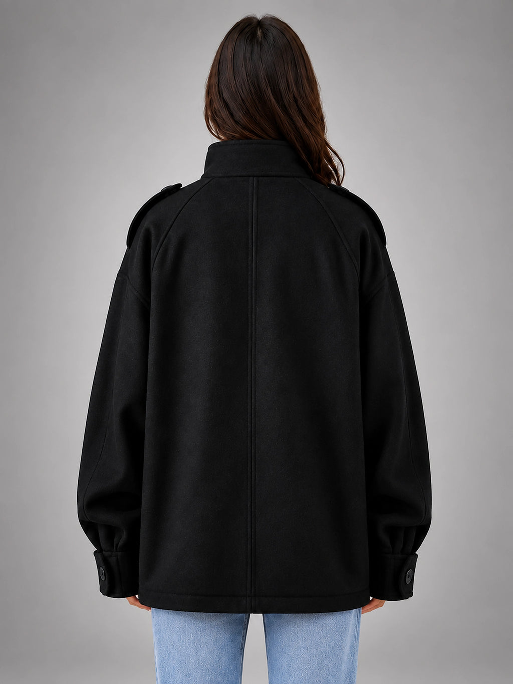 Women's Oversized Funnel Neck Jacket – Wool Look Relaxed Fit - Black
