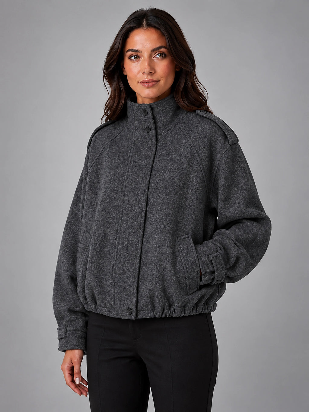Women's Oversized Funnel Neck Jacket – Wool Look Relaxed Fit - Charcoal