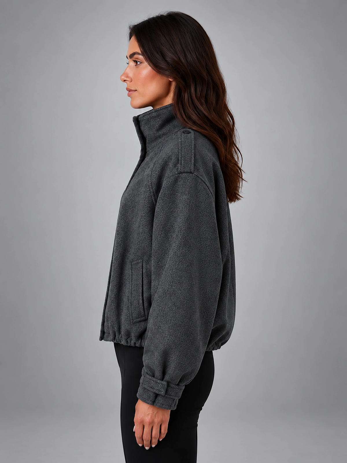 Women's Oversized Funnel Neck Jacket – Wool Look Relaxed Fit - Charcoal