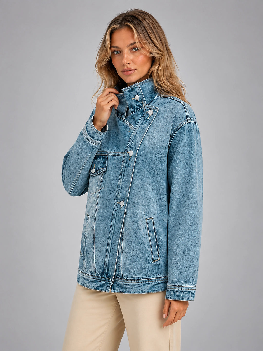 Women's Oversized Denim Jacket – Funnel Neck Relaxed Fit - Light Blue Denim