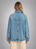 Women's Oversized Denim Jacket – Funnel Neck Relaxed Fit - Light Blue Denim