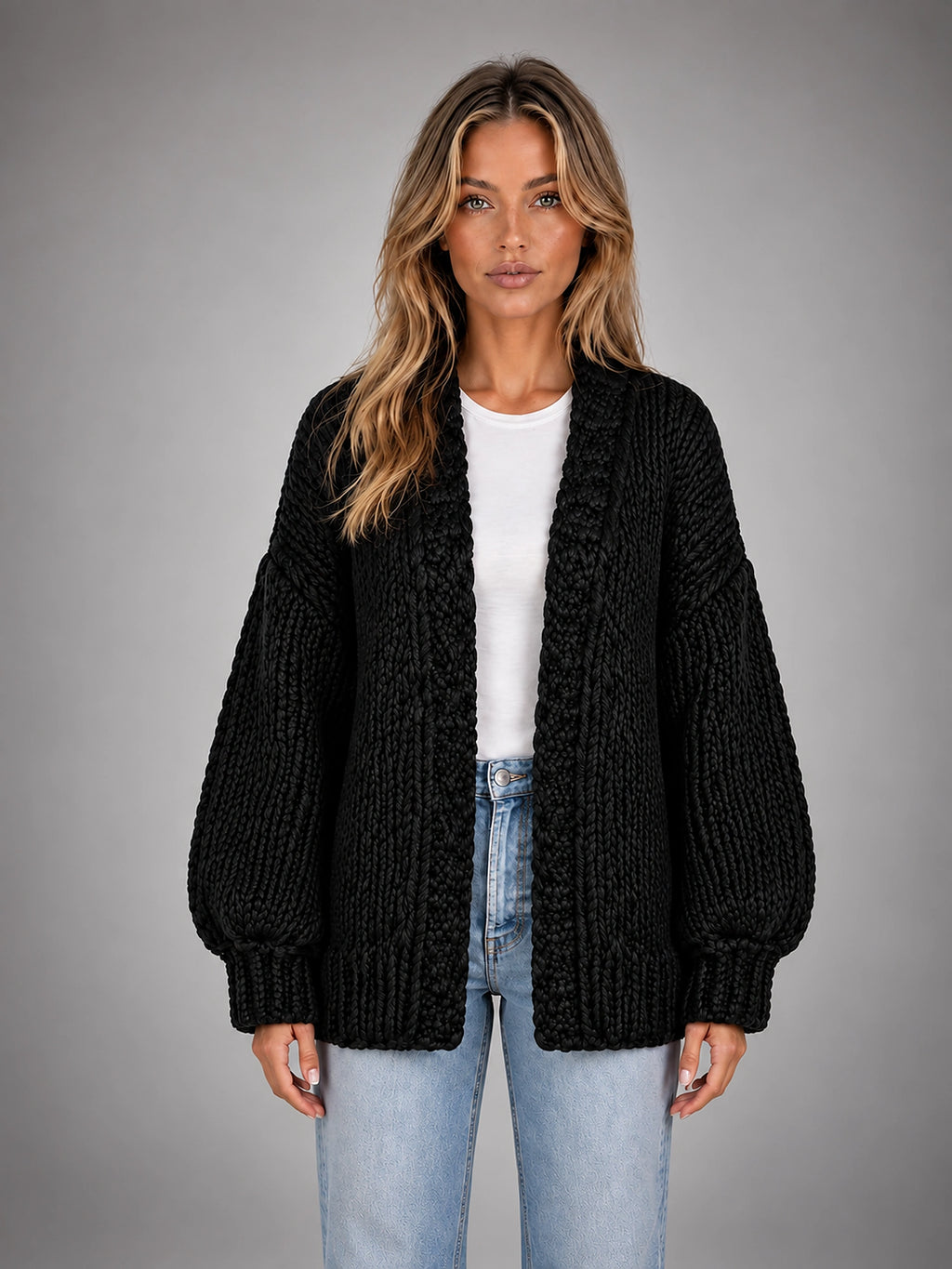 Women's Chunky Knit Cardigan – Oversized Longline - Black