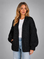 Women's Chunky Knit Cardigan – Oversized Longline - Black