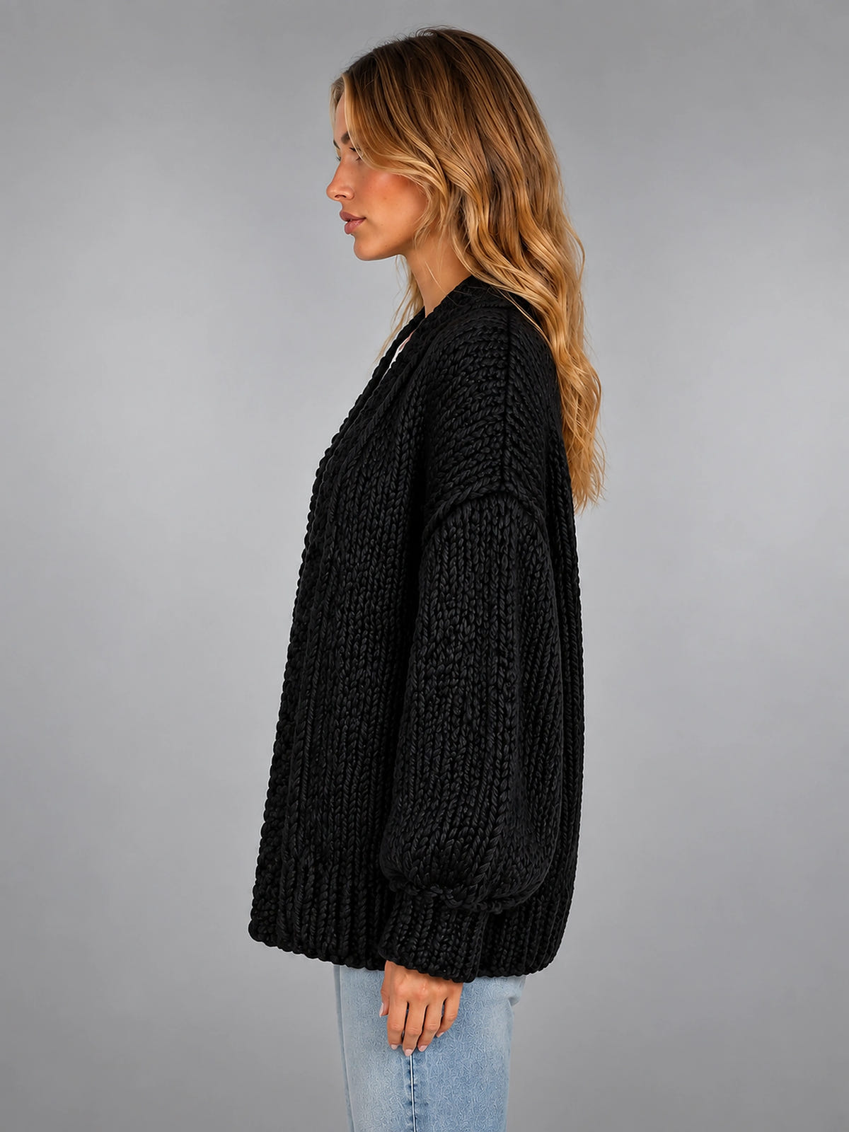 Women's Chunky Knit Cardigan – Oversized Longline - Black
