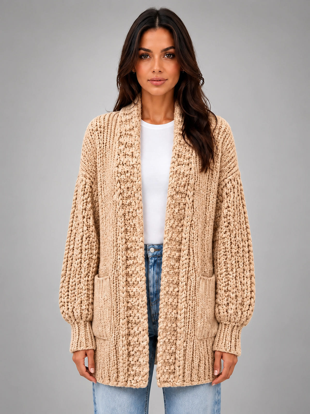 Women's Chunky Knit Cardigan – Oversized Longline - Camel