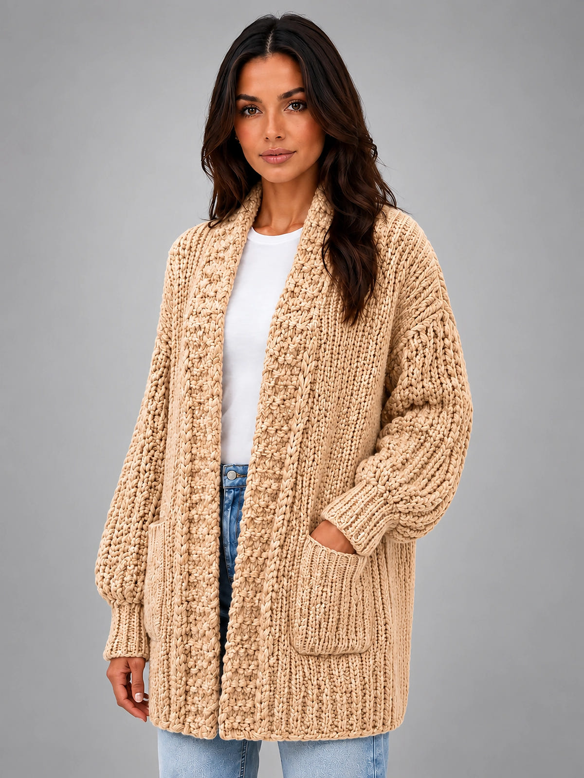 Women's Chunky Knit Cardigan – Oversized Longline - Camel