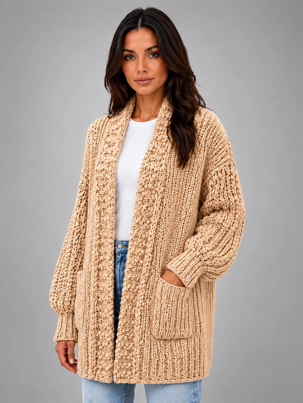 Women's Chunky Knit Cardigan – Oversized Longline - Camel