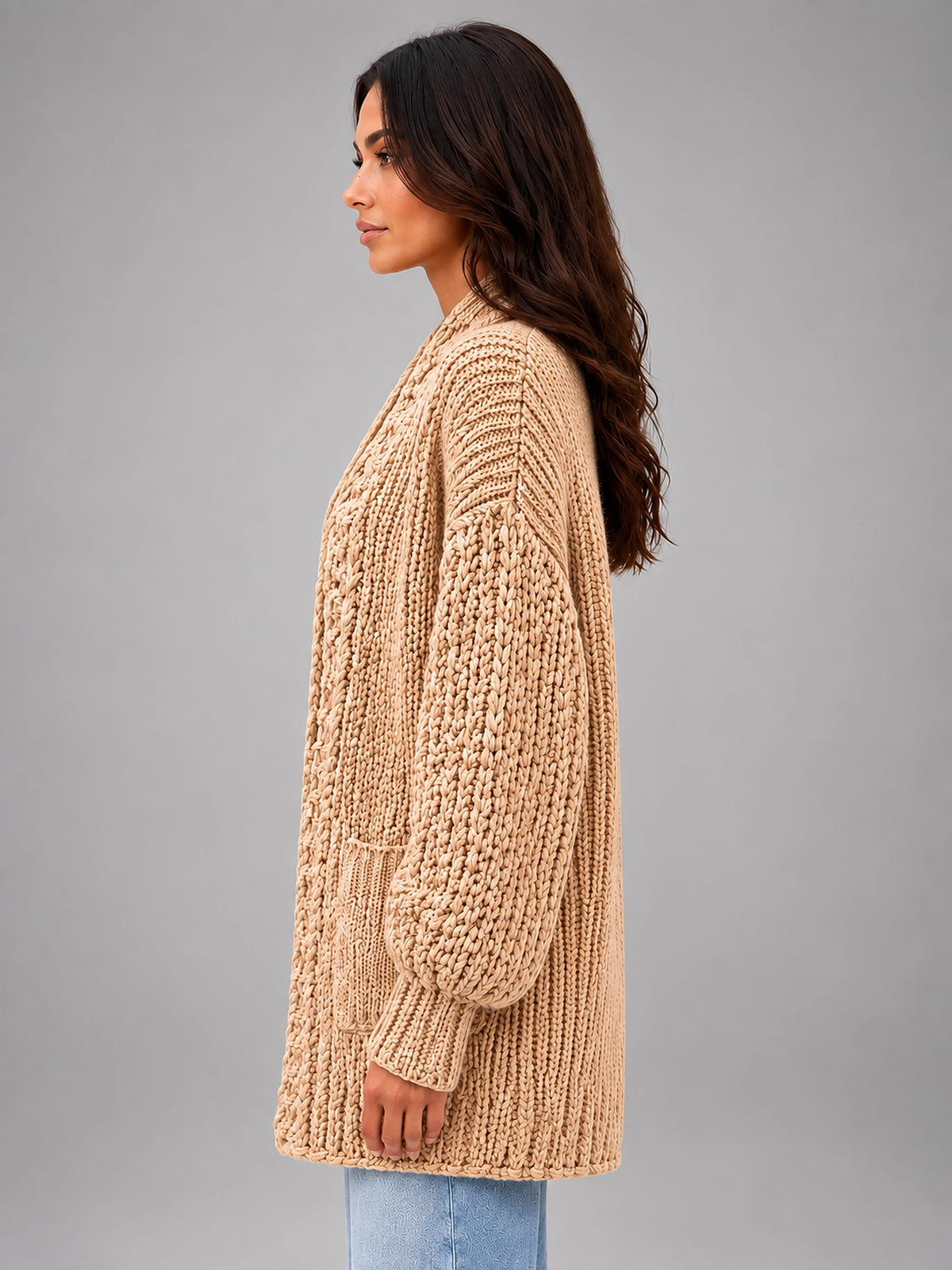 Women's Chunky Knit Cardigan – Oversized Longline - Camel