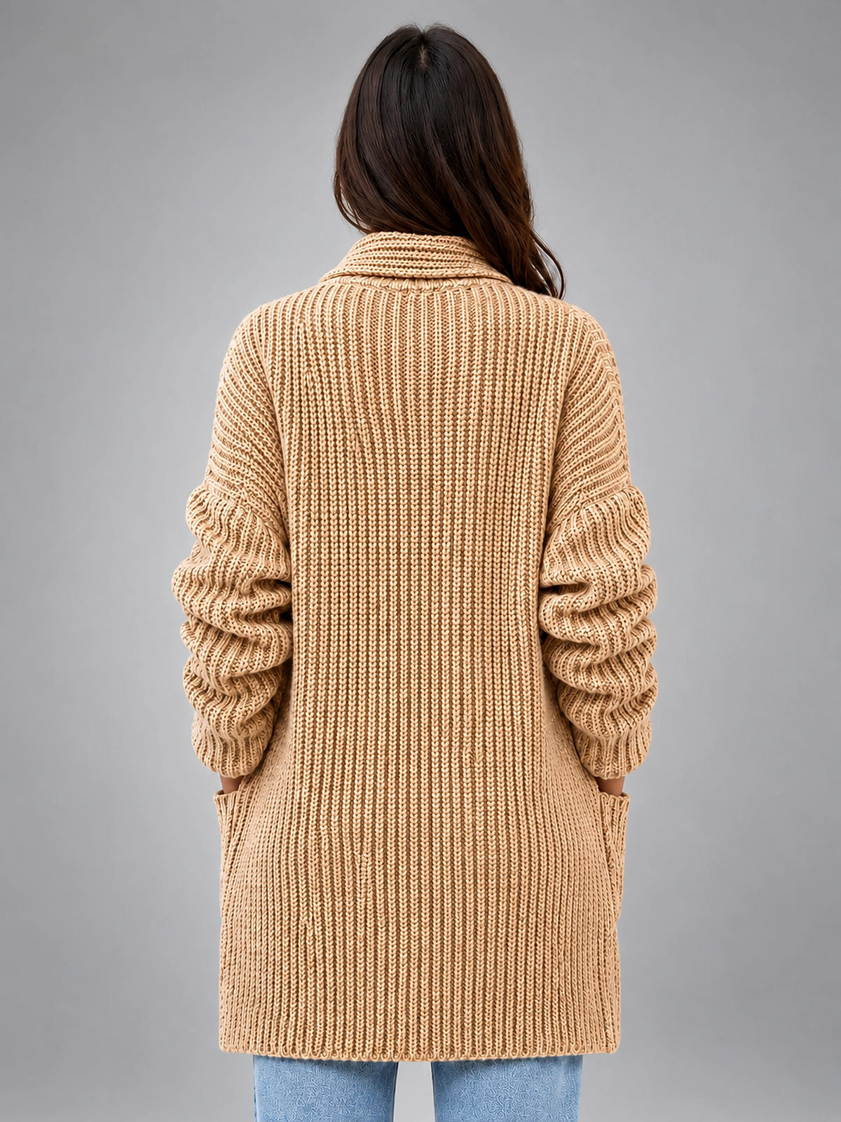Women's Chunky Knit Cardigan – Oversized Longline - Camel