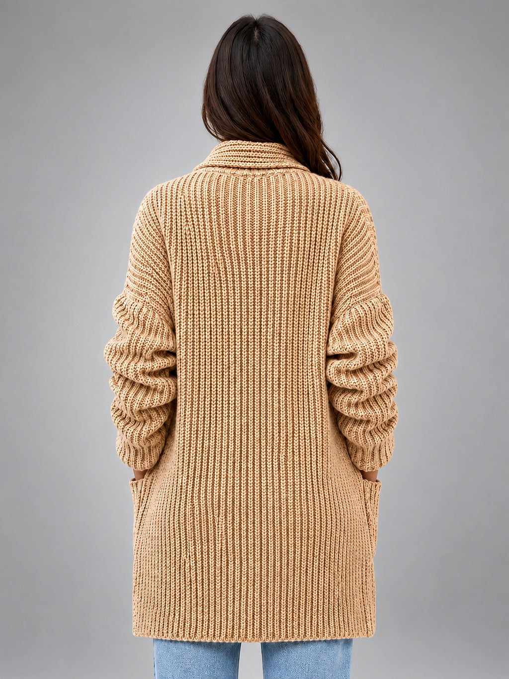 Women's Chunky Knit Cardigan – Oversized Longline - Camel