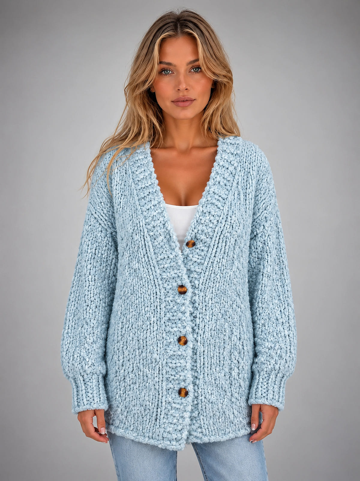 Women's Chunky Knit Cardigan – Oversized Longline - Light Blue