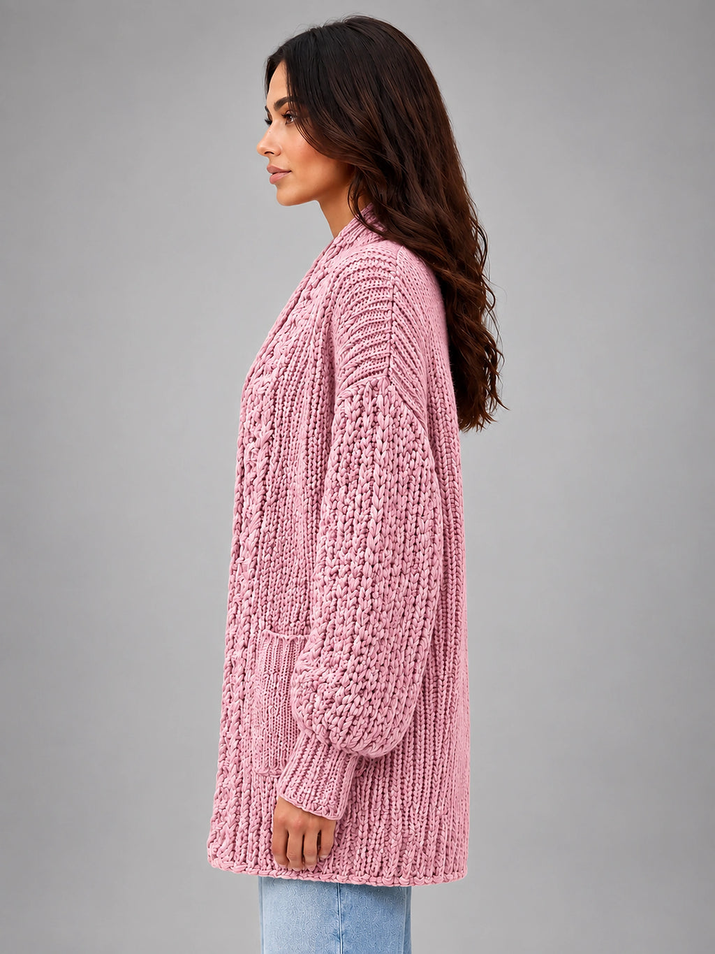 Women's Chunky Knit Cardigan – Oversized Longline - Pink
