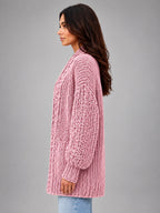Women's Chunky Knit Cardigan – Oversized Longline - Pink