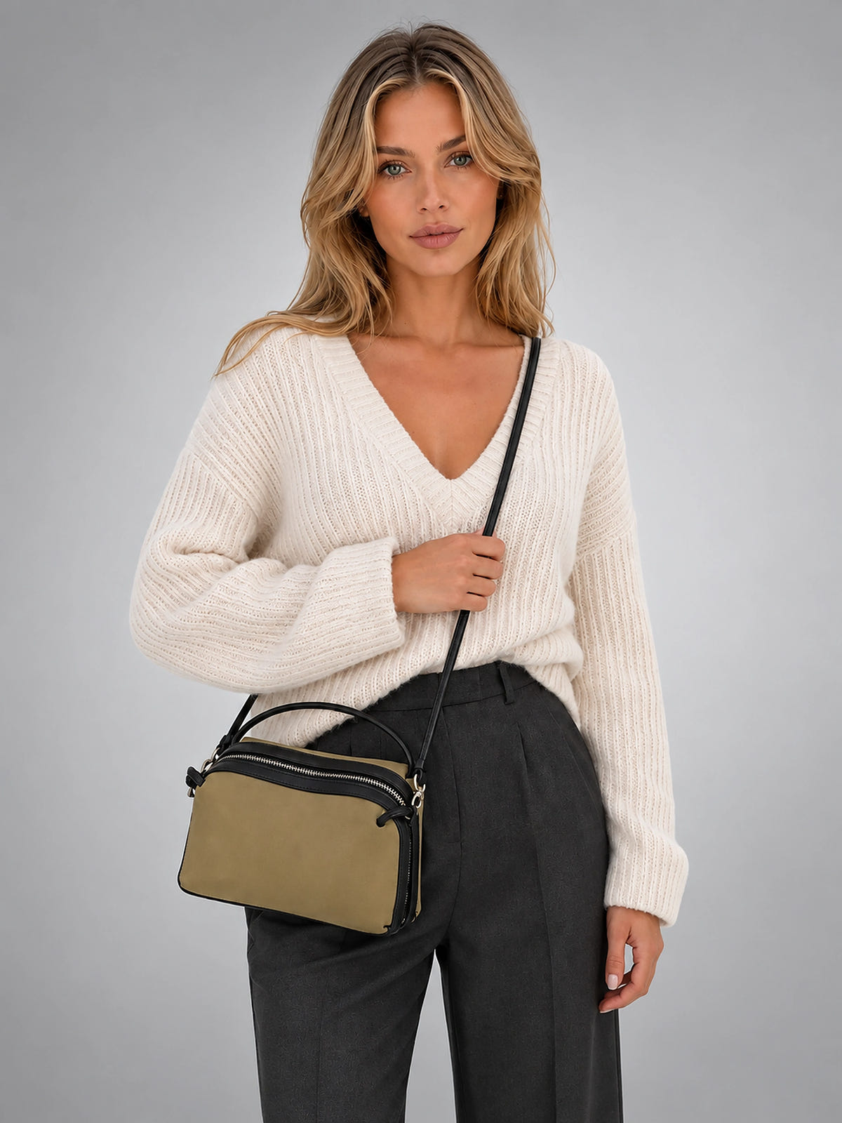 Women's Double Zip Crossbody Bag – Compact Mini Purse - Olive