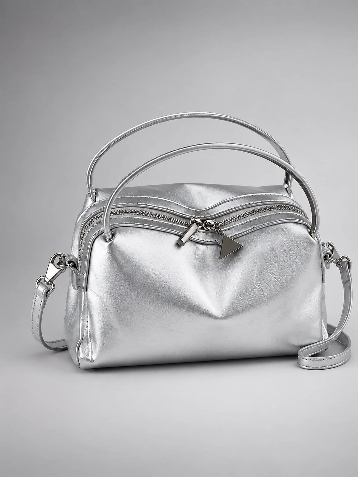 Women's Double Zip Crossbody Bag – Compact Mini Purse - Silver