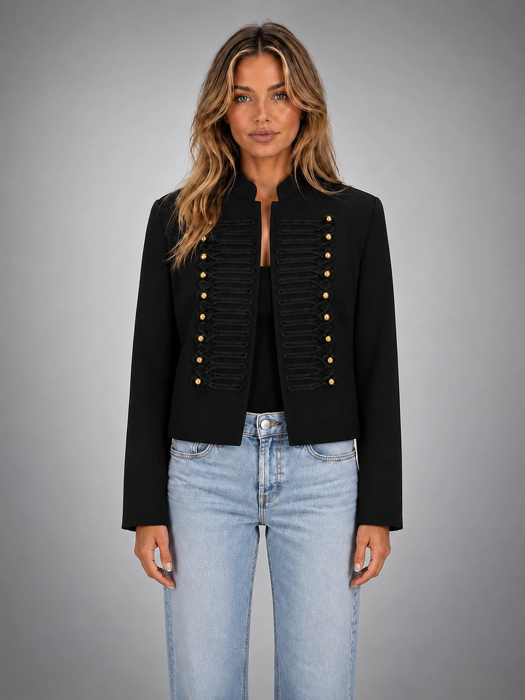 Women's Cropped Military Jacket – Structured Statement Fit - Black