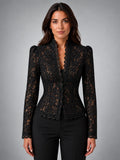 Women's Lace Top – Fitted All Over Lace Long Sleeve - Black