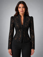 Women's Lace Top – Fitted All Over Lace Long Sleeve - Black