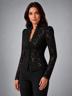 Women's Lace Top – Fitted All Over Lace Long Sleeve - Black