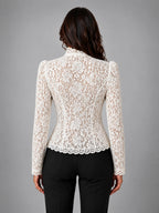 Women's Lace Top – Fitted All Over Lace Long Sleeve - Ivory