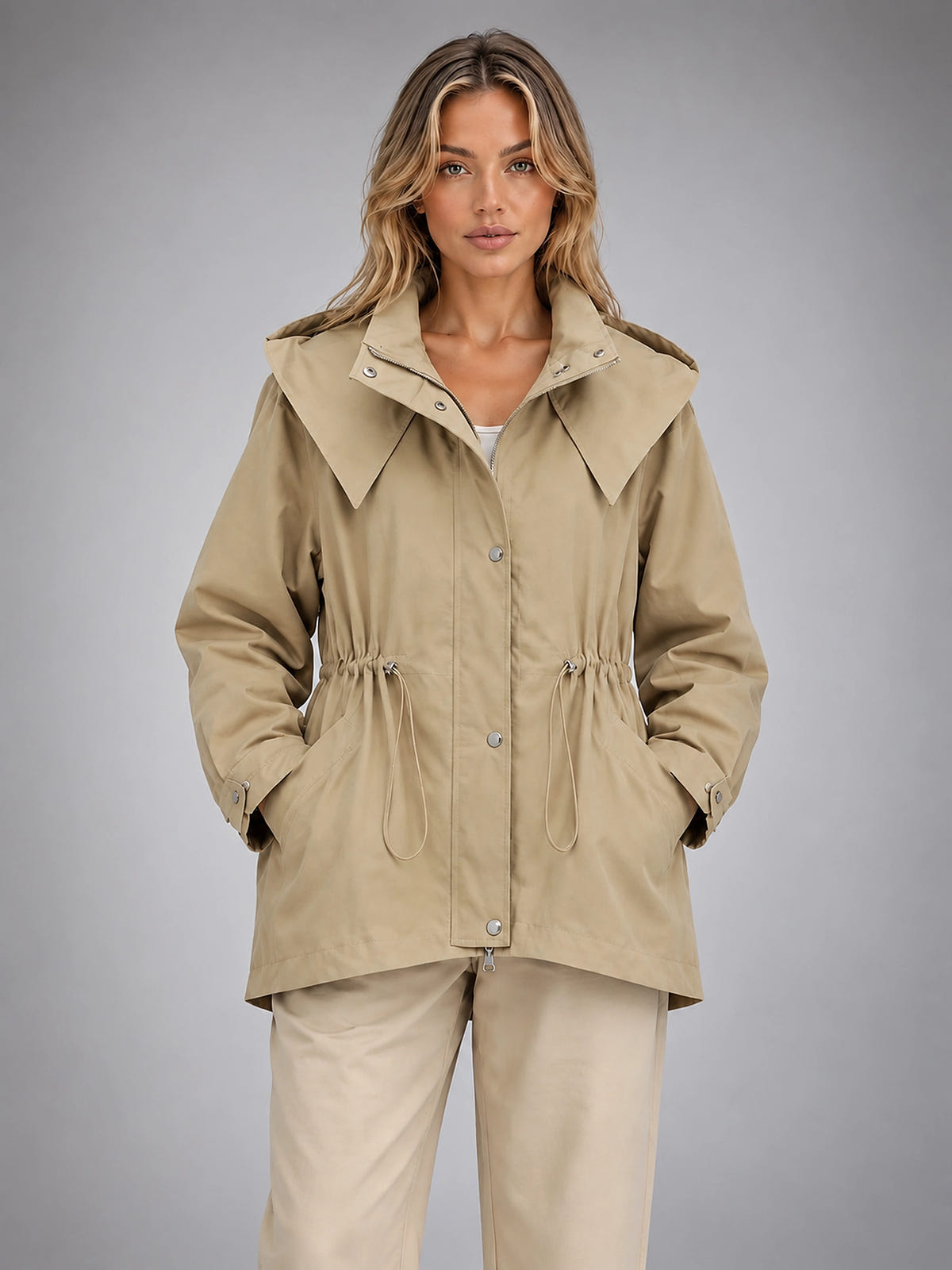 Women's Hooded Utility Jacket – Lightweight Casual Coat - Beige