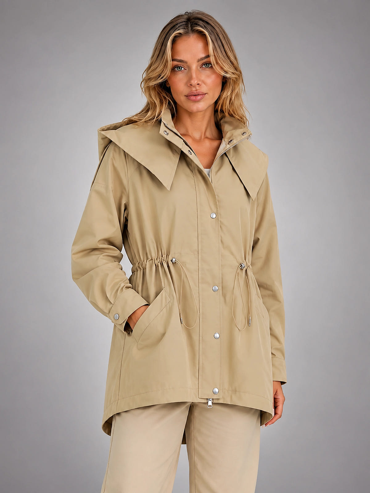 Women's Hooded Utility Jacket – Lightweight Casual Coat - Beige