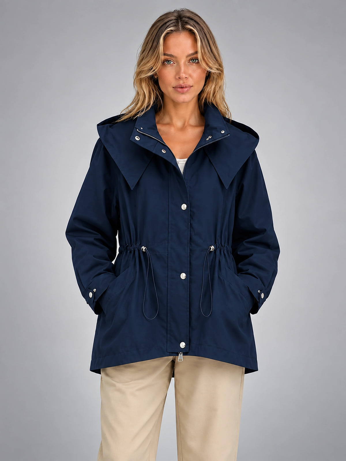 Women's Hooded Utility Jacket – Lightweight Casual Coat - Navy